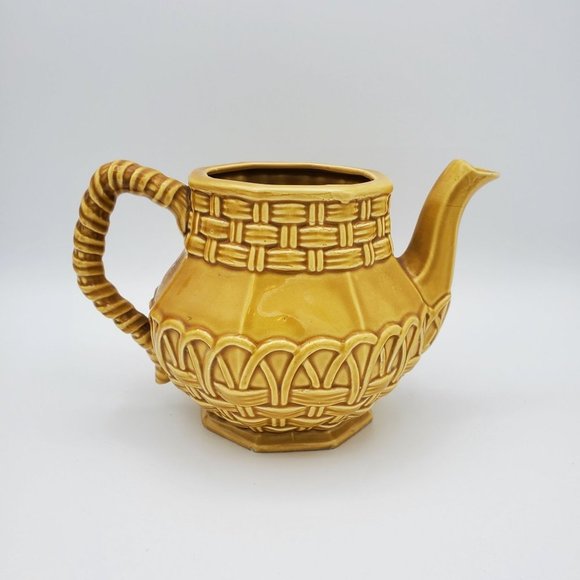 Mustard Yellow Basket Woven Glazed Decorative Tea Pot Cottagecore - Picture 2 of 13